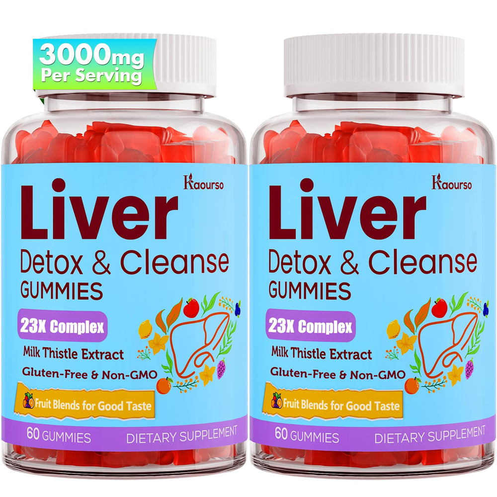 Kaourso Liver Detox Gummies bottle front, fruit flavor and daily liver support in view