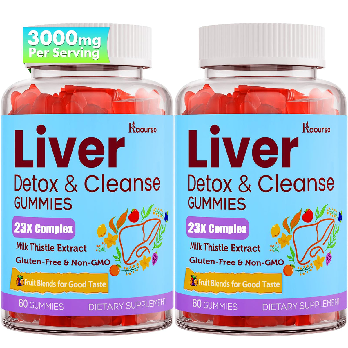 Kaourso Liver Detox Gummies bottle front, fruit flavor and daily liver support in view