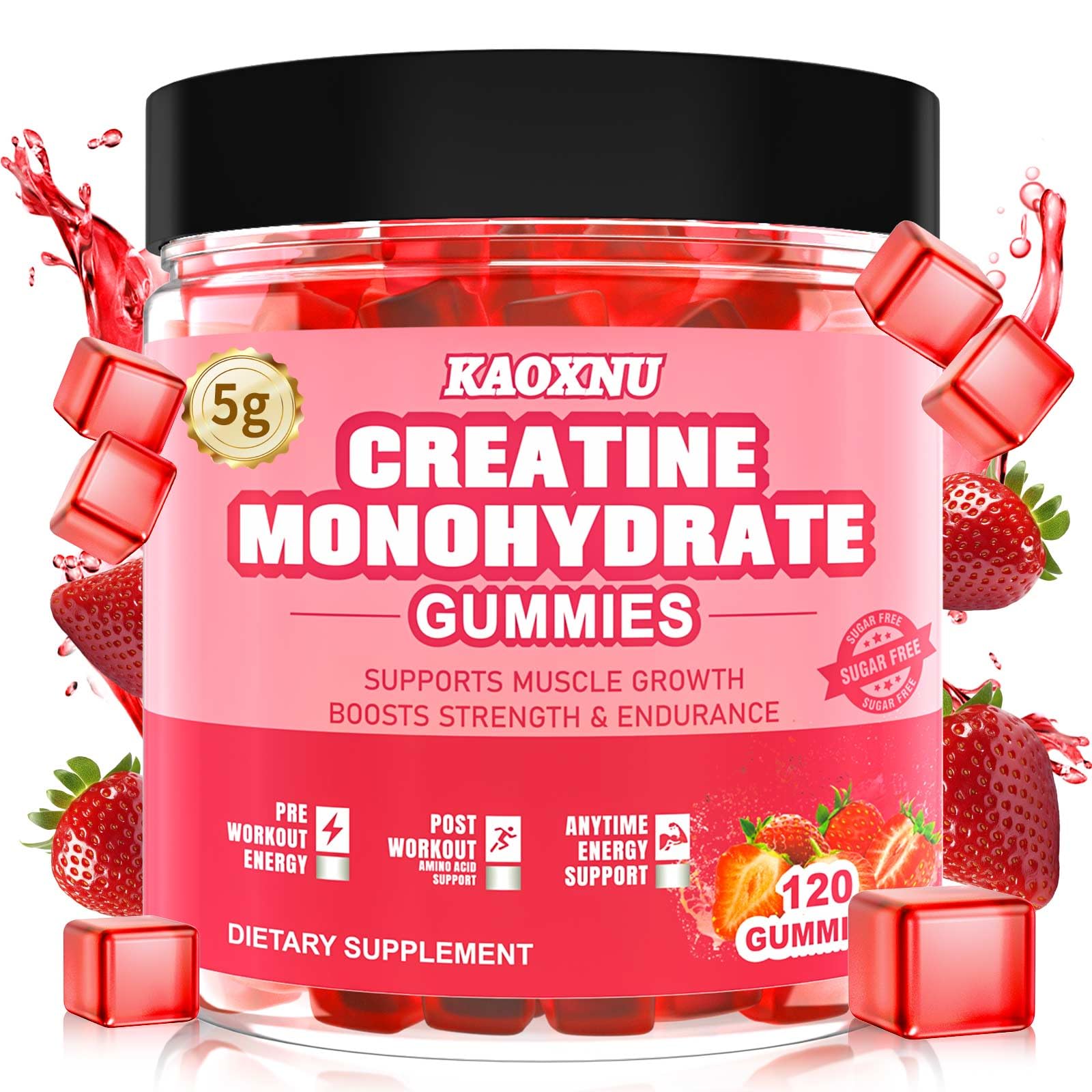 KAOXNU Creatine Monohydrate Gummies 2-pack bottle for convenient strength support during workouts.