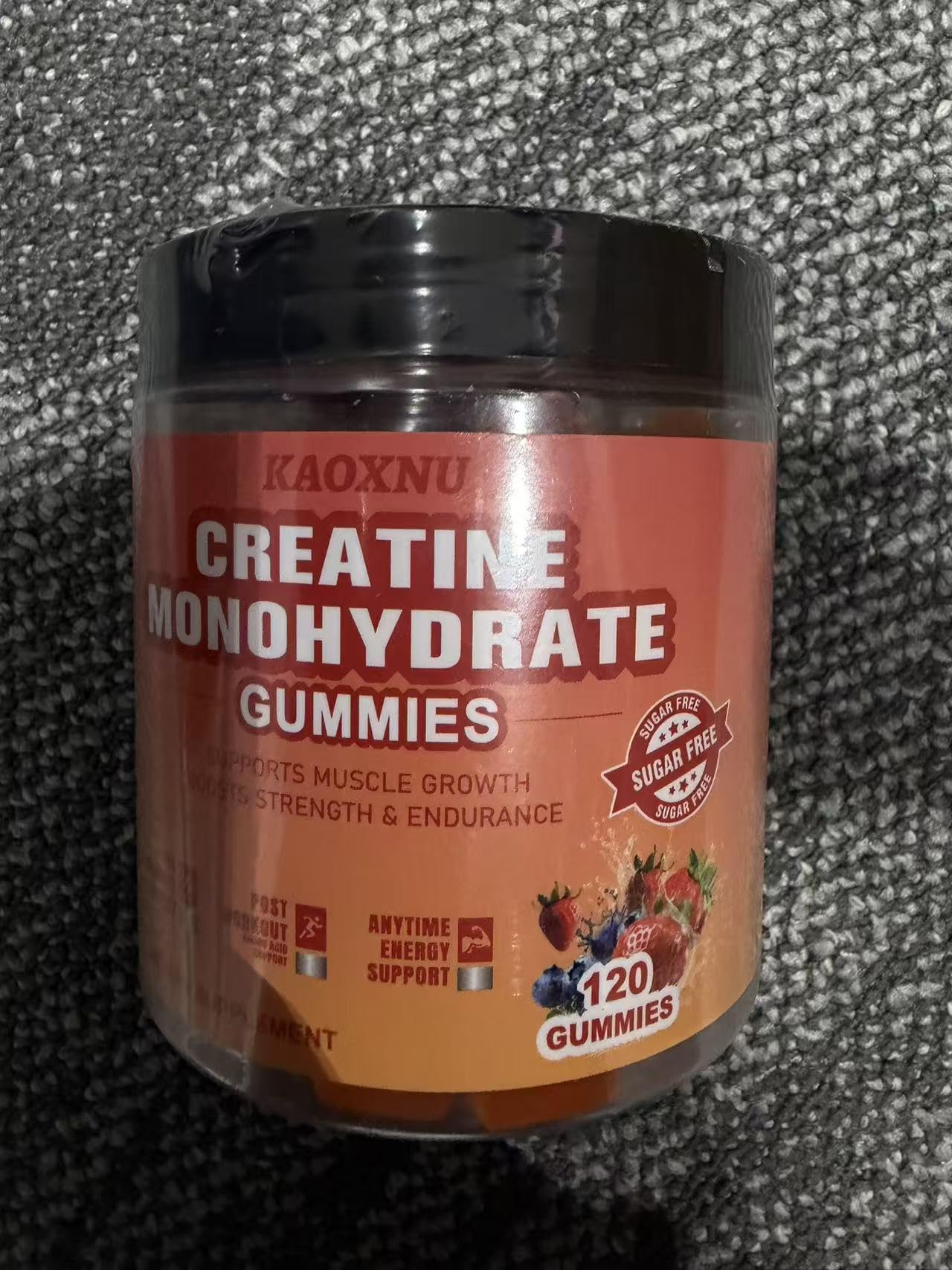 KAOXNU Creatine Monohydrate Gummies bottle back highlights nutrition panel and supplement facts.