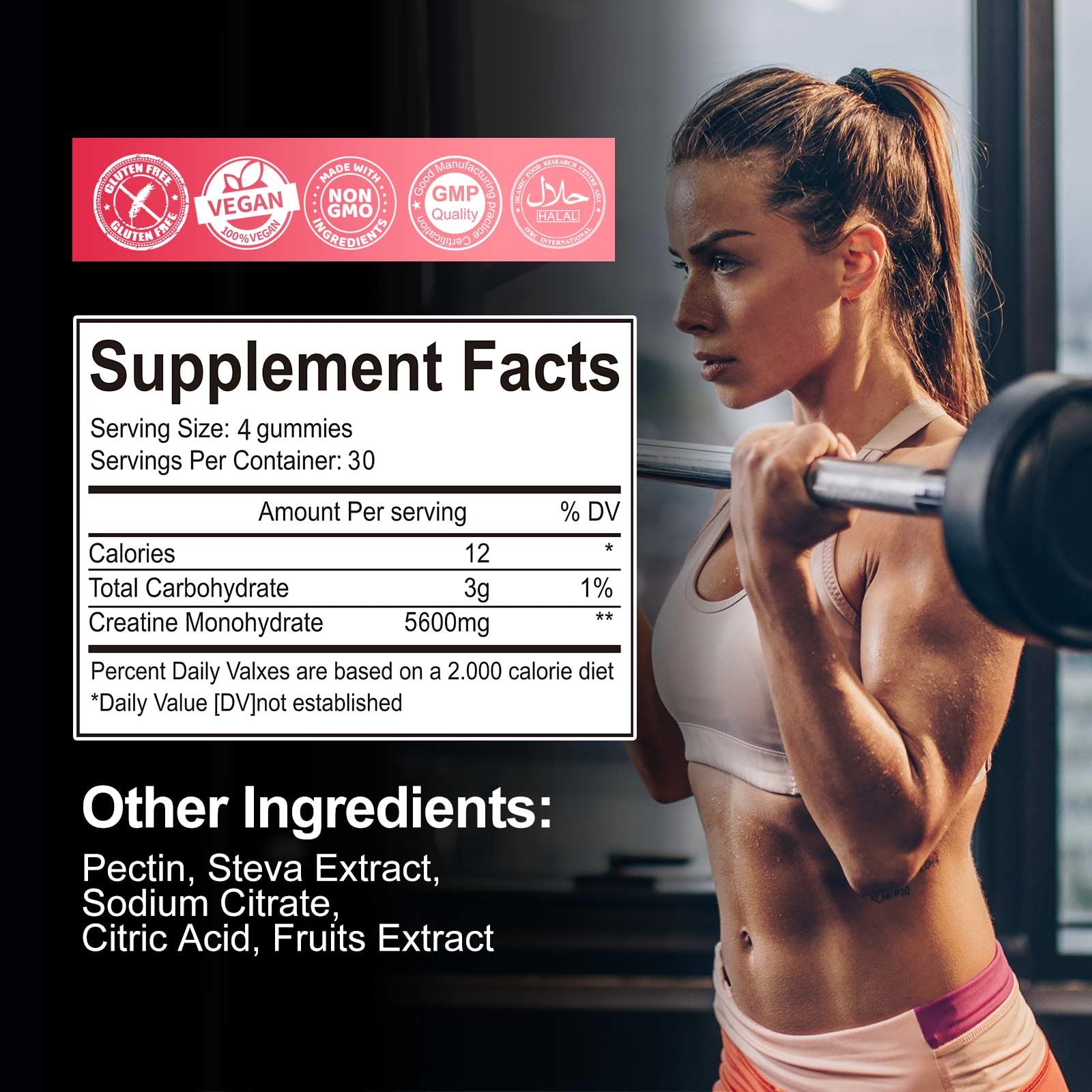 KAOXNU Creatine Monohydrate Gummies bottle front highlighting vegan, sugar-free formula for clean energy.