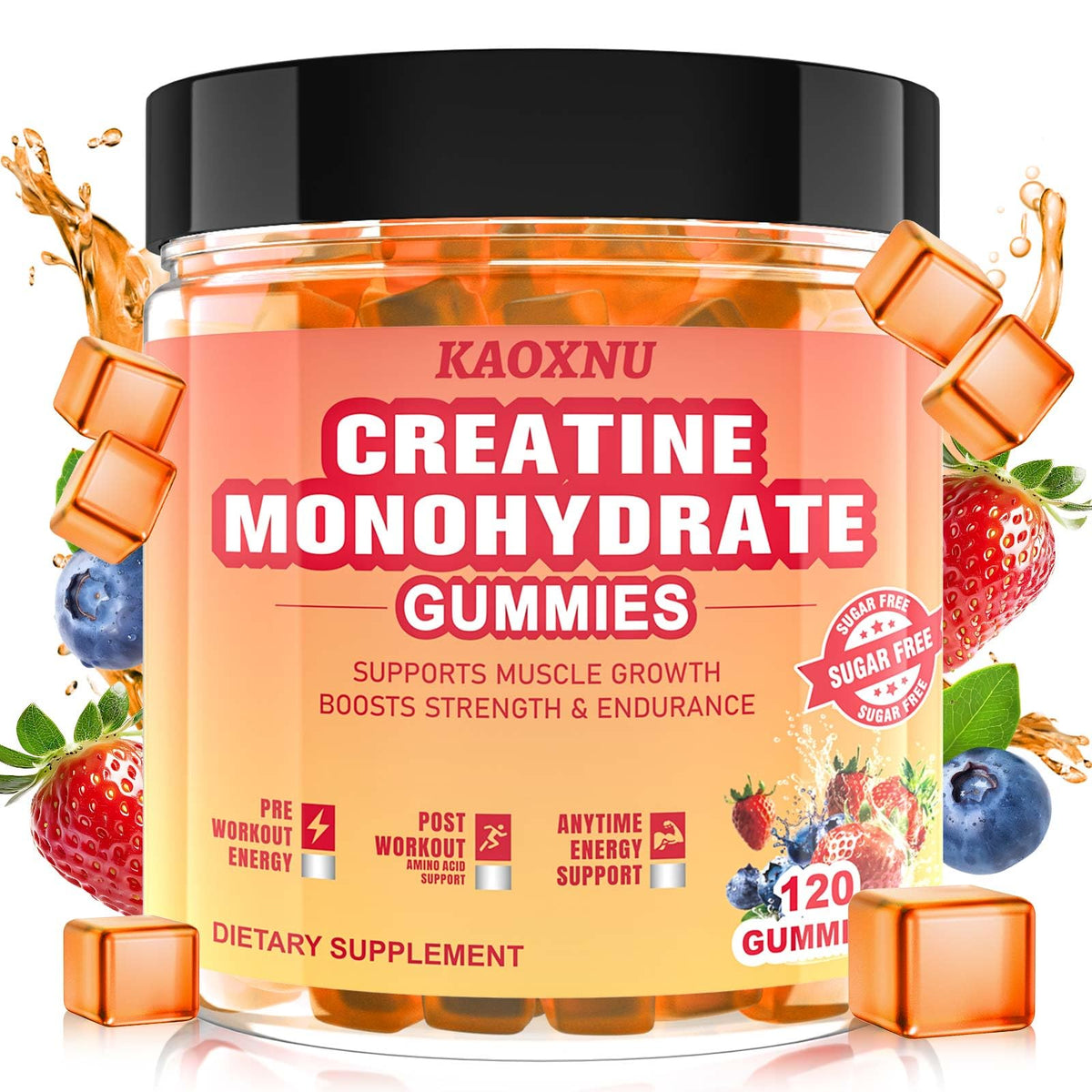 KAOXNU Creatine Monohydrate Gummies bottle front showing sugar-free formula for clean energy.