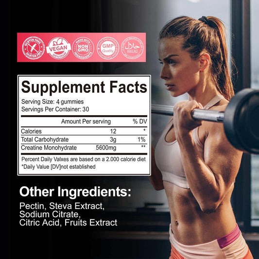KAOXNU Creatine Monohydrate Gummies bottle front highlighting vegan, sugar-free formula for clean energy.