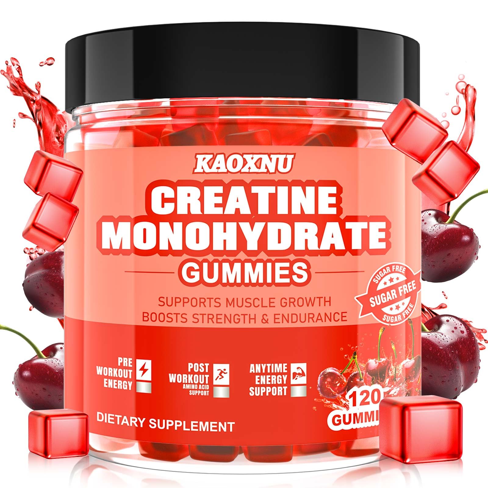 KAOXNU Creatine Monohydrate Gummies bottle front for easy daily use.