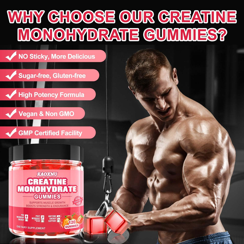 KAOXNU Creatine Monohydrate Gummies close-up of chewy gummies for daily use.