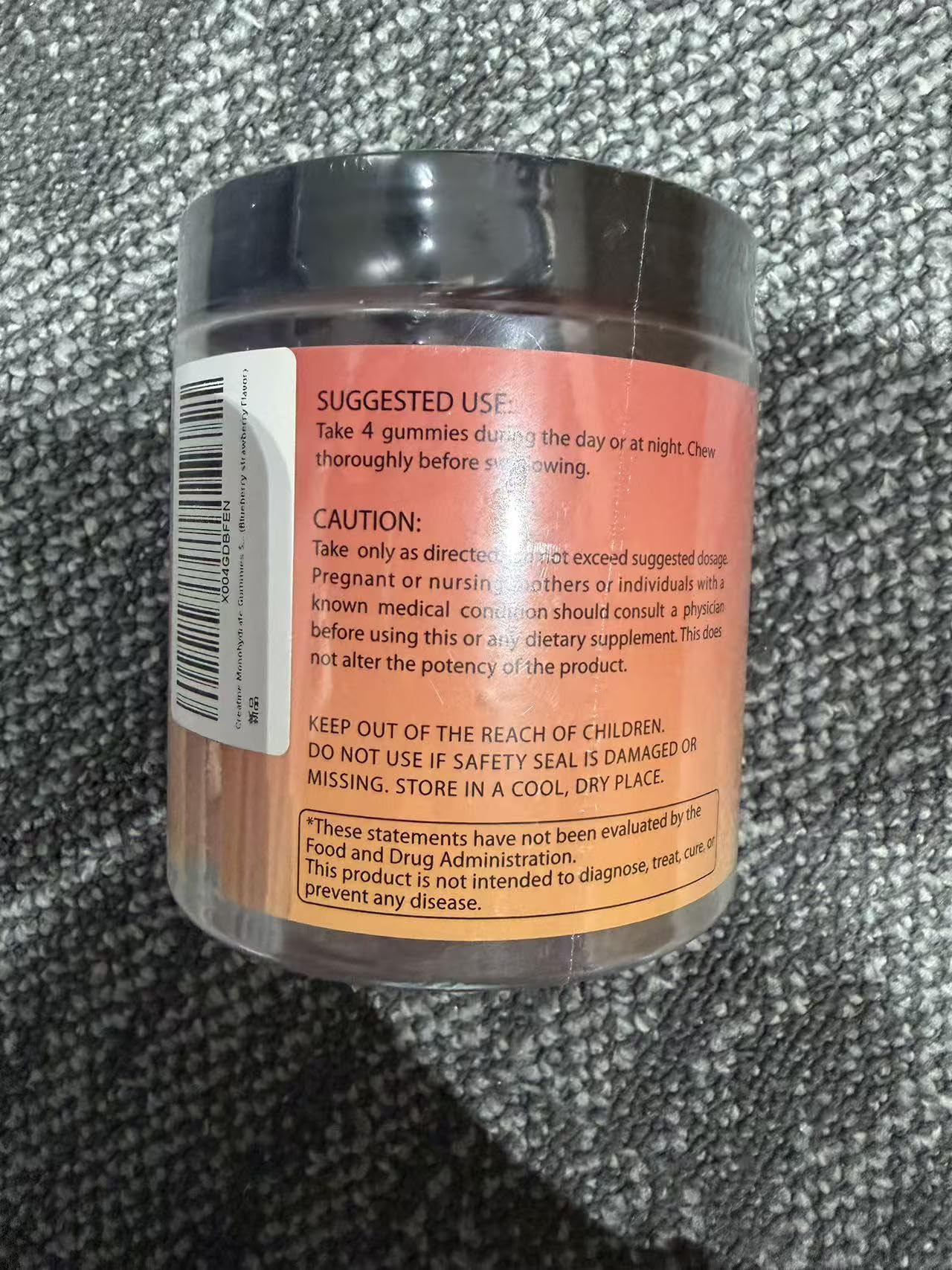 KAOXNU Creatine Monohydrate Gummies ingredients panel shows vegan and gluten-free formula.