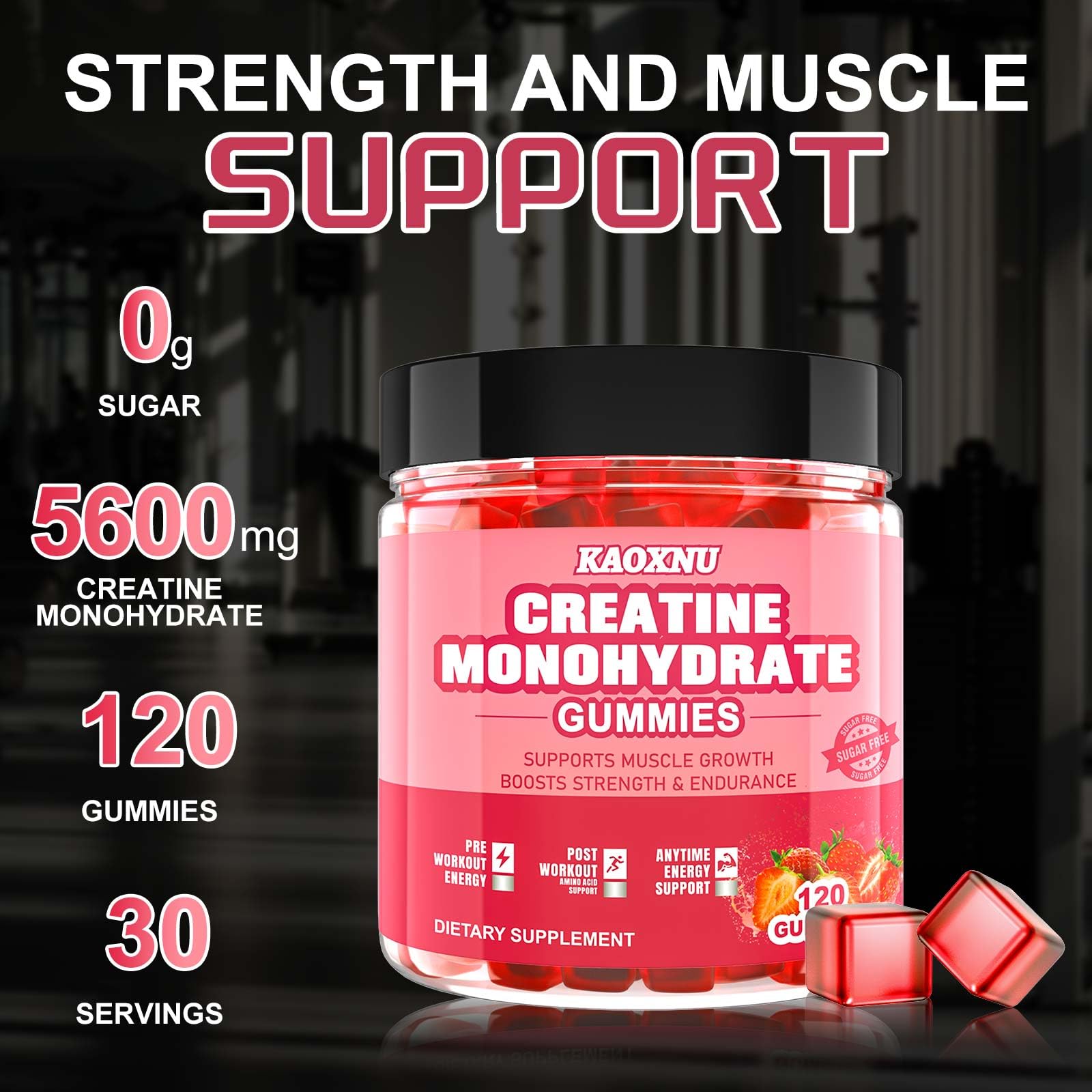 KAOXNU Creatine Monohydrate Gummies jar-open shows 120-count bottle for consistent use.