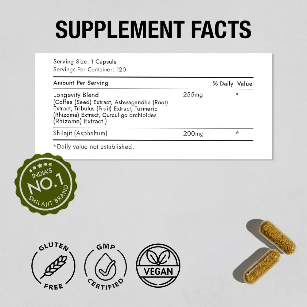 Kapiva Shilajit resin ingredients graphic noting 85+ trace minerals