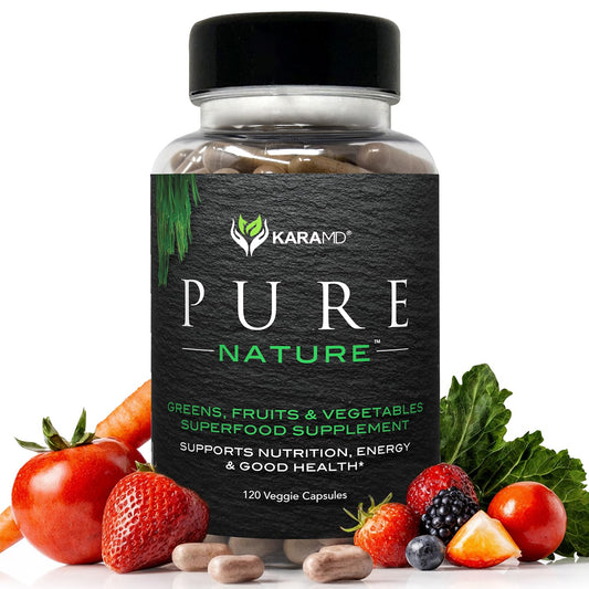 KaraMD Pure Nature bottle pour shows an easy daily greens blend for energy and digestion.