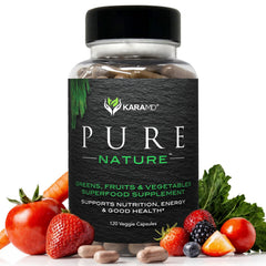 KaraMD Pure Nature bottle pour shows an easy daily greens blend for energy and digestion.