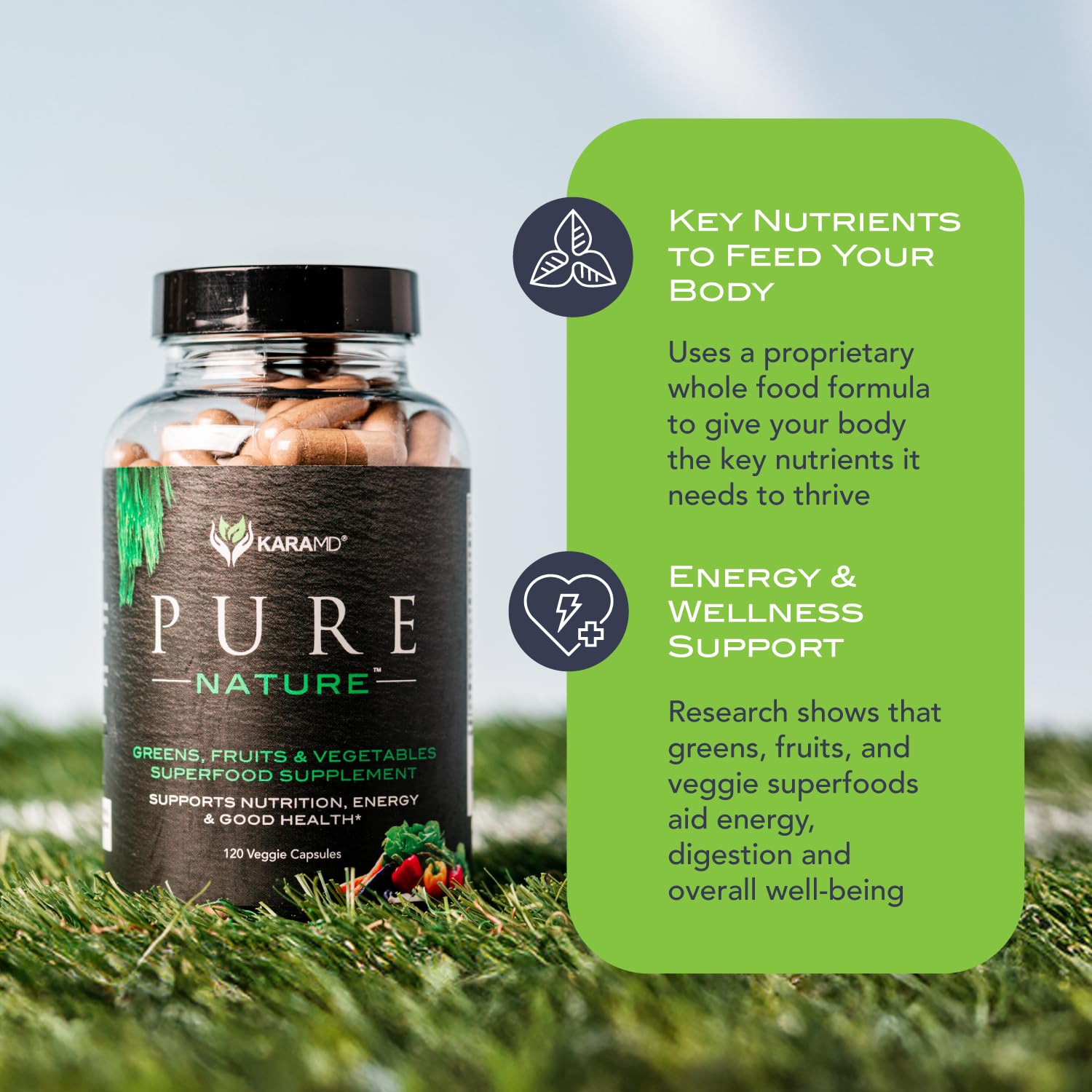 KaraMD Pure Nature label close-up highlighting 20 fruits and veggies with fiber