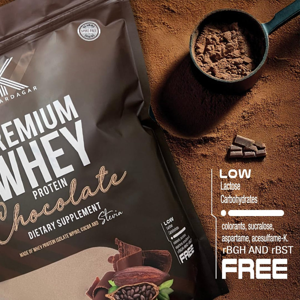 KARDAGAR Premium Whey Protein chocolate milkshake glass suggests tasty shake ideas