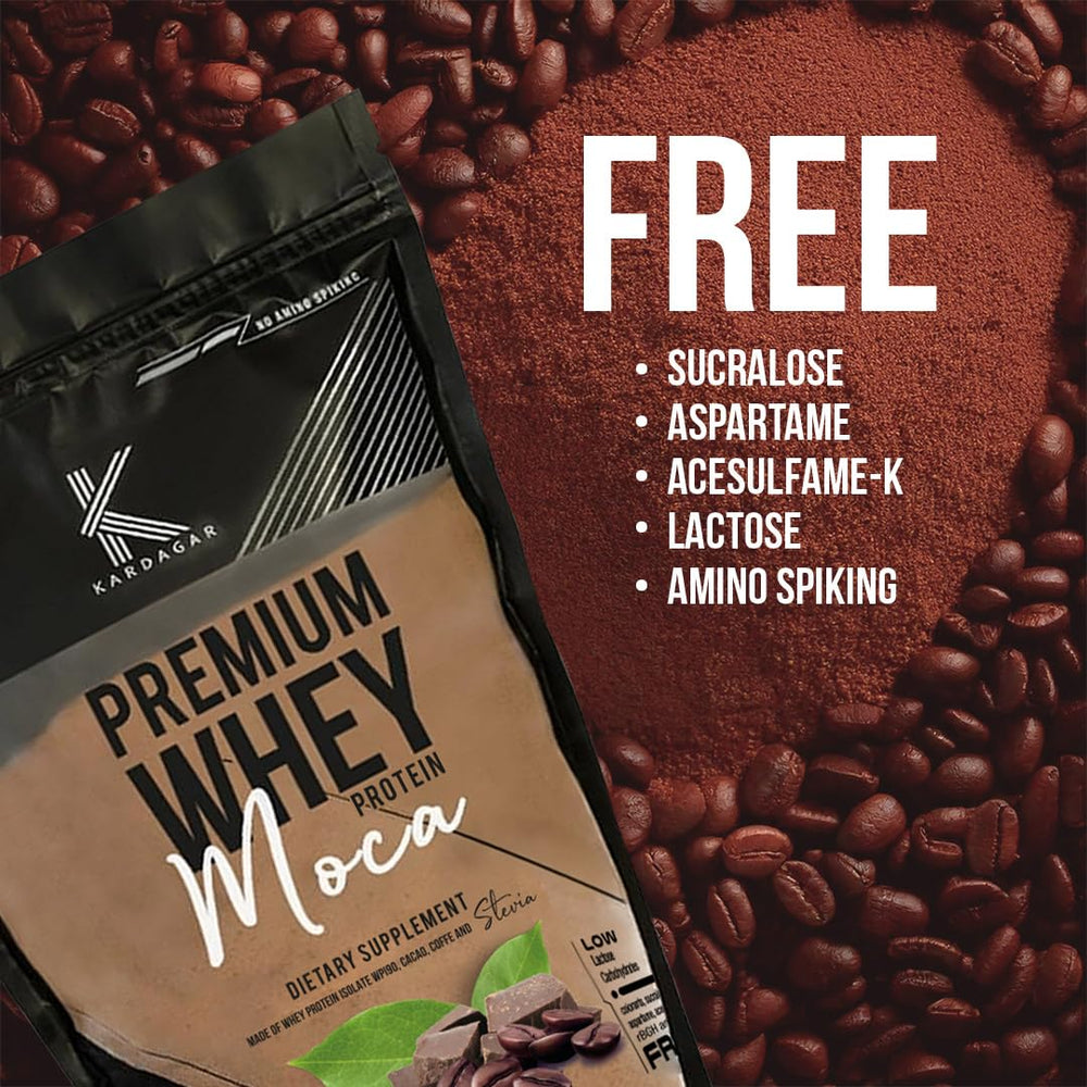 KARDAGAR Premium Whey Protein Mocha powder being poured for a post workout shake