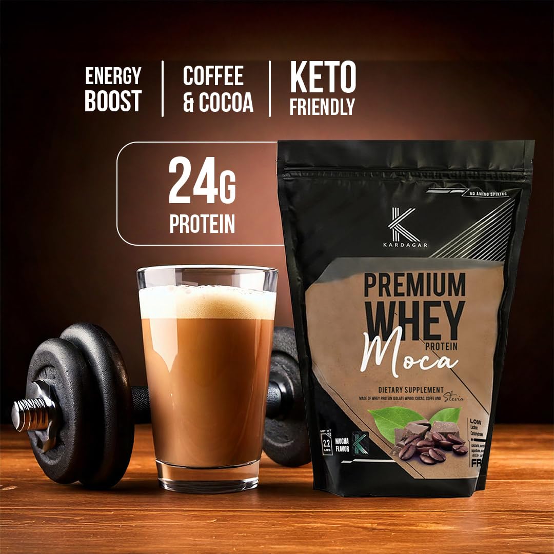 KARDAGAR Whey Protein Isolate Mocha powder close up highlighting clean ingredients