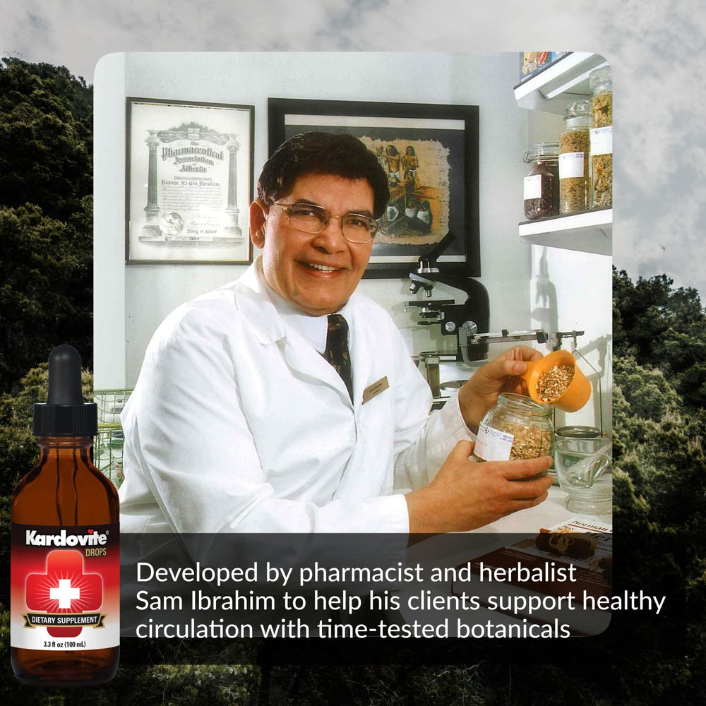 Kardovite bottle on desk beside herbs for daily circulatory wellness