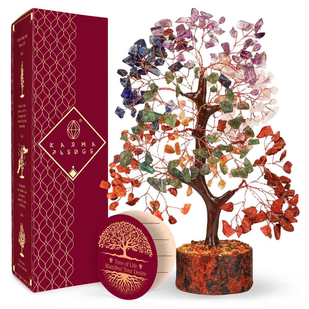 KARMAPLEDGE 7 Chakra Tree on wood base boosts serene home ambiance.