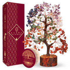 KARMAPLEDGE 7 Chakra Tree on wood base boosts serene home ambiance.