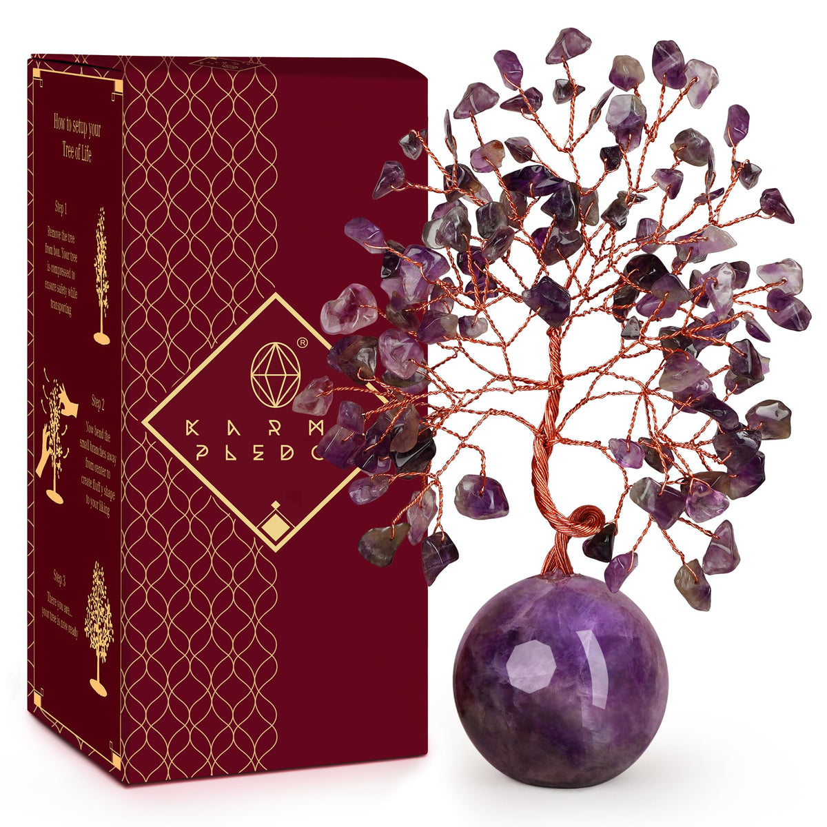 KARMAPLEDGE Amethyst crystal tree on crystal ball base promotes calm ambience.