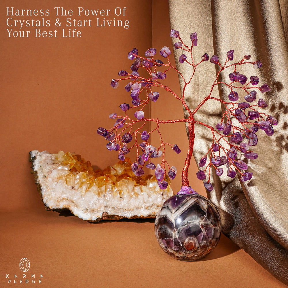 KARMAPLEDGE Amethyst crystal tree on desk displays focused energy for work.