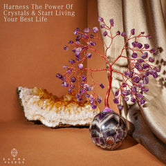 KARMAPLEDGE Amethyst crystal tree on desk displays focused energy for work.