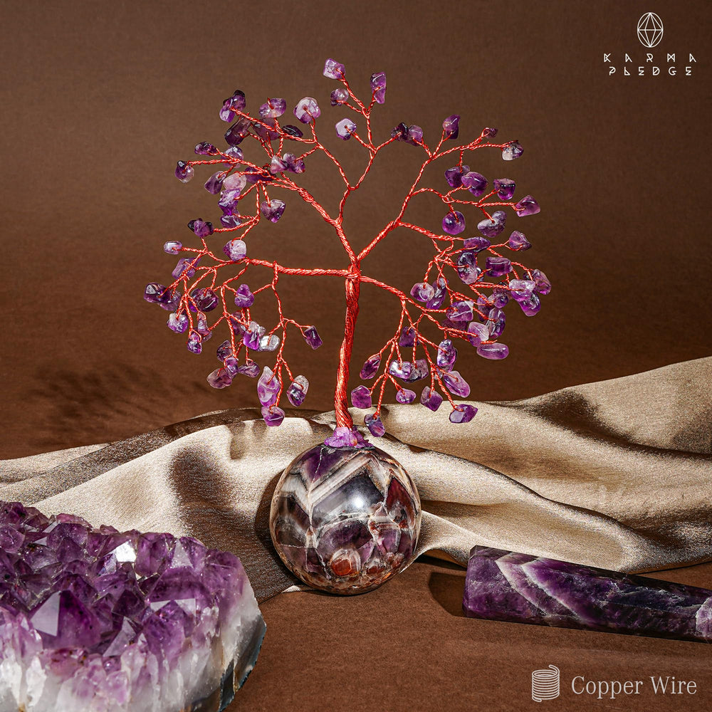 KARMAPLEDGE Amethyst tree on shelf enhances feng shui and mood.