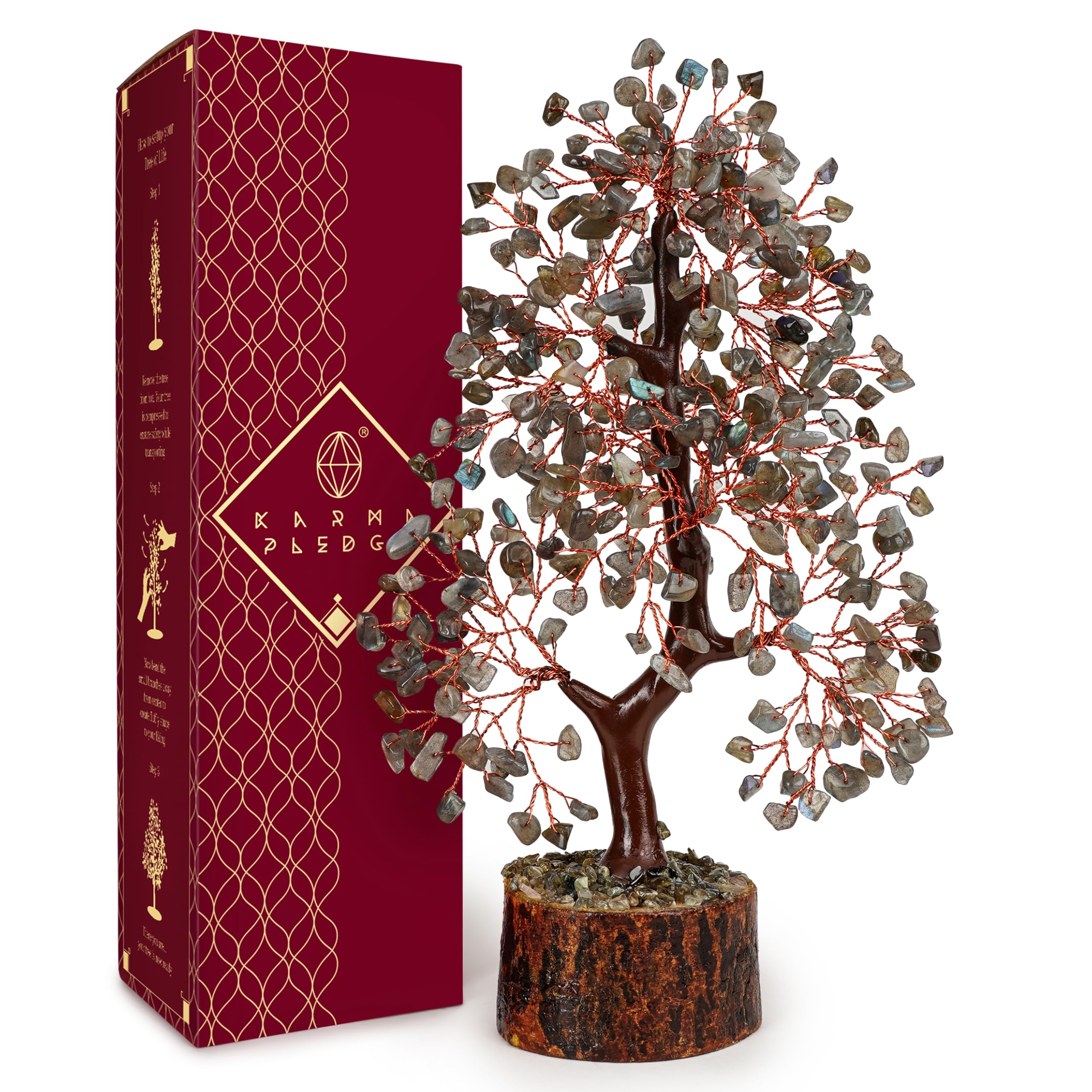 KARMAPLEDGE Crystal Tree of Life Labradorite on wooden base promotes balance and calm.