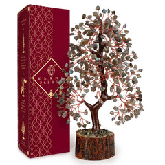 KARMAPLEDGE Crystal Tree of Life Labradorite on wooden base promotes balance and calm.