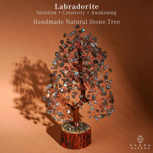 KARMAPLEDGE Labradorite branches and beads shimmer, adding desk magic.