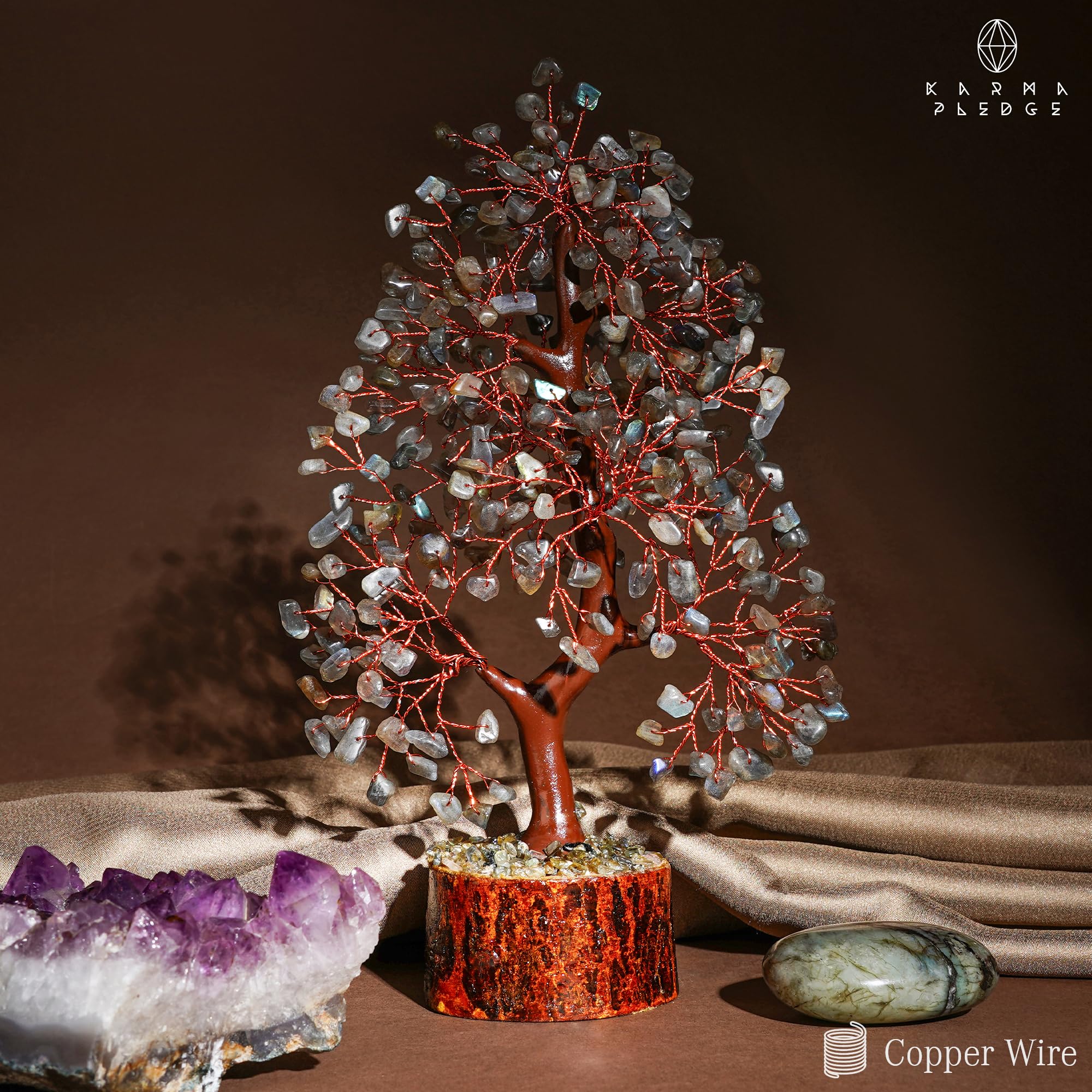 KARMAPLEDGE Crystal Tree on office tabletop enhances visual appeal.
