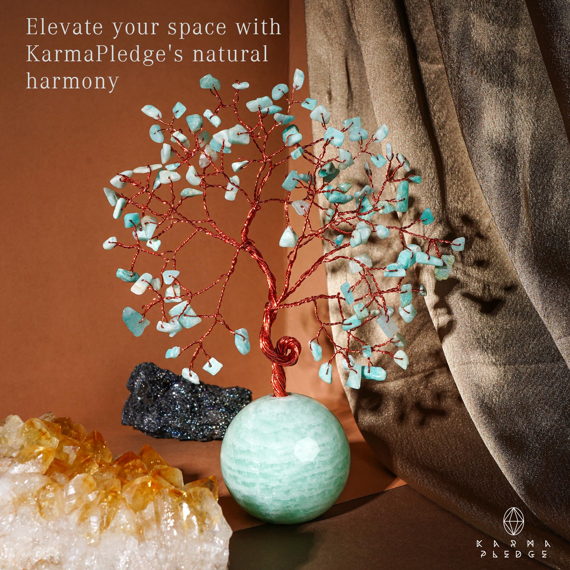 KARMAPLEDGE Crystal Tree of Life natural quartz beads on stand promotes positive energy