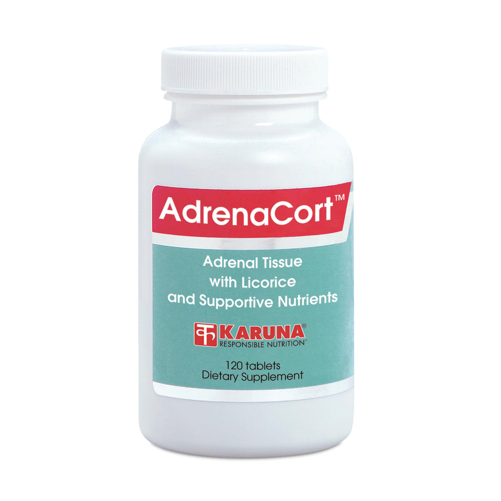 Karuna AdrenaCort bottle-front view showcasing a potent adrenal support formula for daily balance