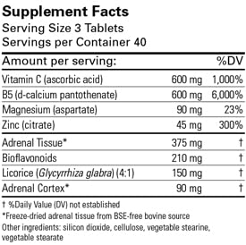Karuna AdrenaCort capsules closeup emphasizes micronutrients like C and B5 for energy support