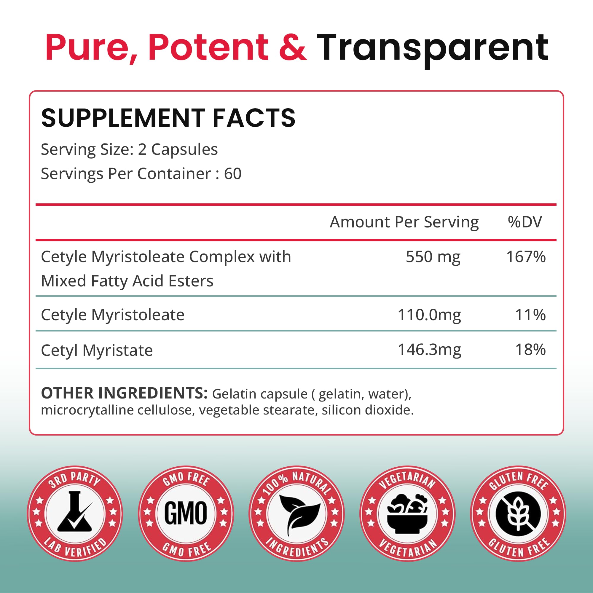 Ingredients chart on Karuna Cetyl Myristoleate packaging highlights fatty acids esters