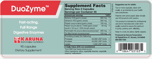 Karuna DuoZyme bottle label highlighting enteric-coated enzyme delivery
