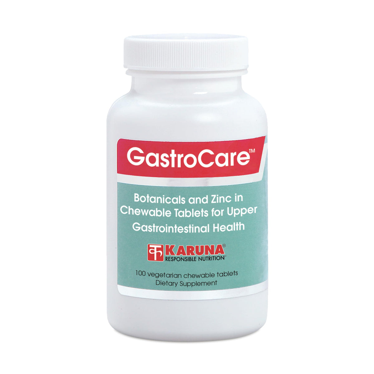 Karuna GastroCare 100 chew bottle shown for convenient upper GI support.