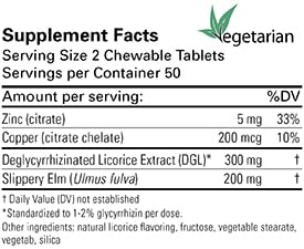 Karuna GastroCare 100 chew tablet close-up highlighting the soothing DGL, slippery elm, and zinc blend.