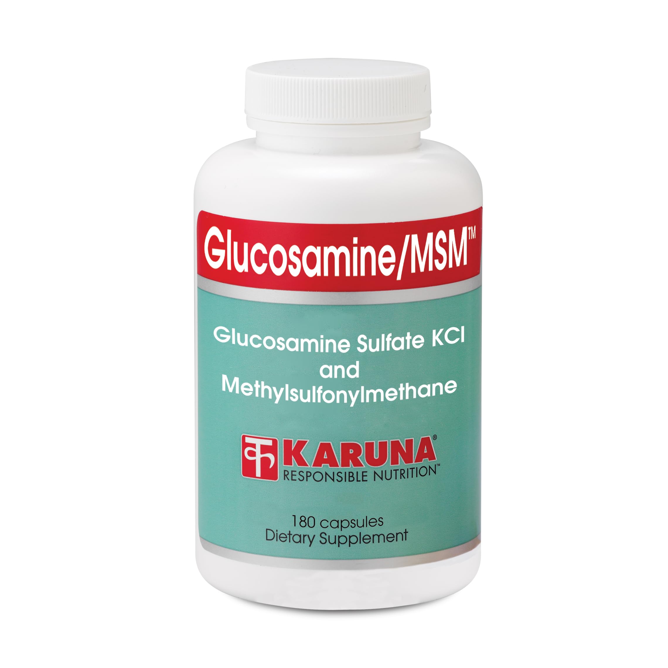 Karuna Glucosamine/MSM 180C bottle front for potential joint support and daily mobility.
