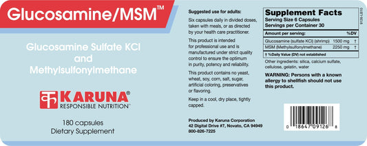 Karuna Glucosamine/MSM capsules close-up showing high potency for routine joint wellness.