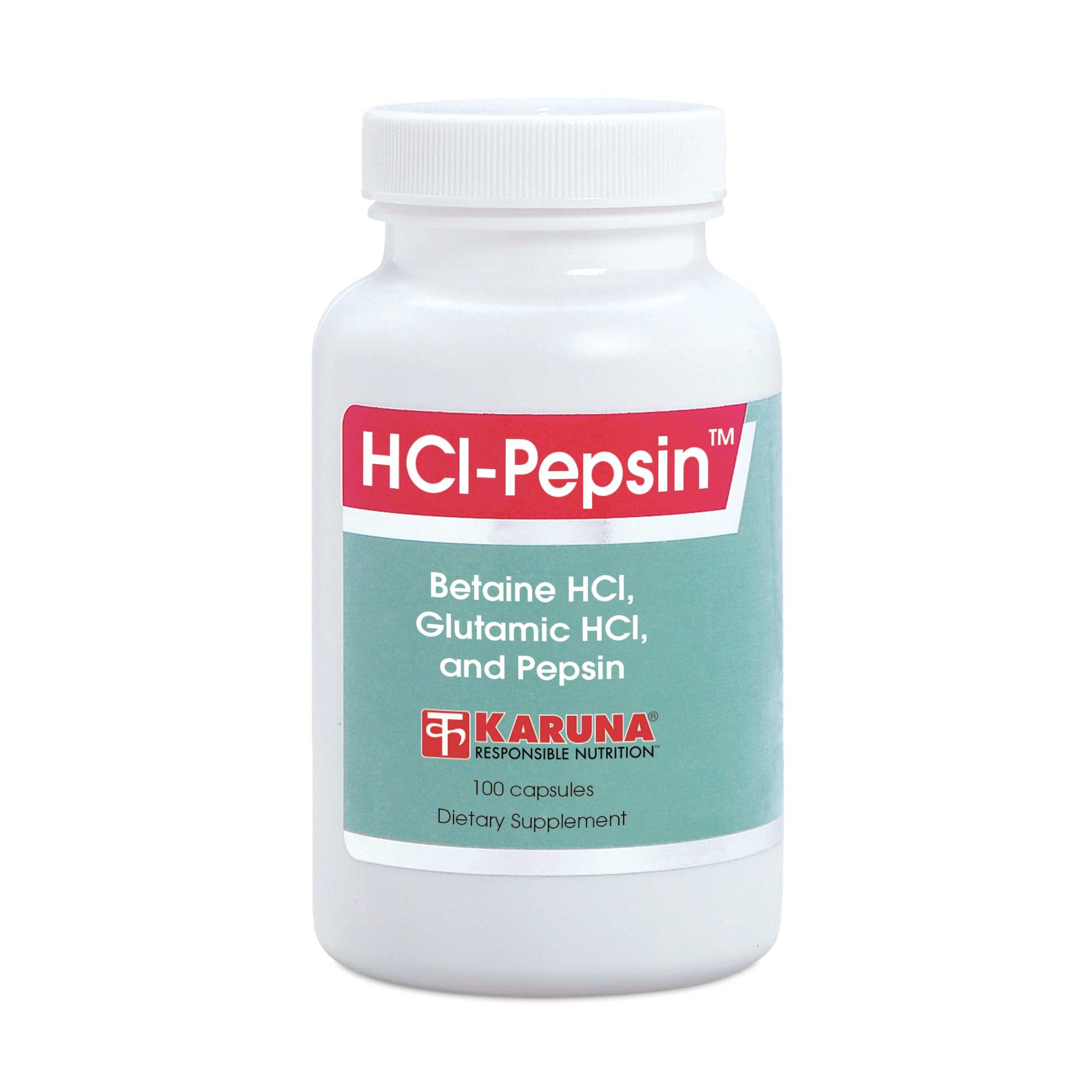 Karuna HCl-Pepsin bottle pour showing acid-boosting support for digestion.