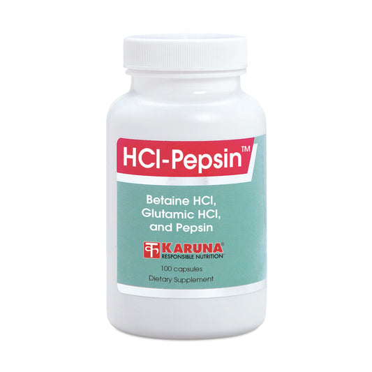 Karuna HCl-Pepsin bottle pour showing acid-boosting support for digestion.