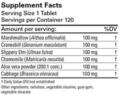Karuna Herbal GI 120 capsules bottle back nutrition panel with ingredients and usage info.