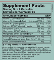 Karuna HydroxyCal bottle label close-up highlighting hydroxyapatite and vitamin D3.