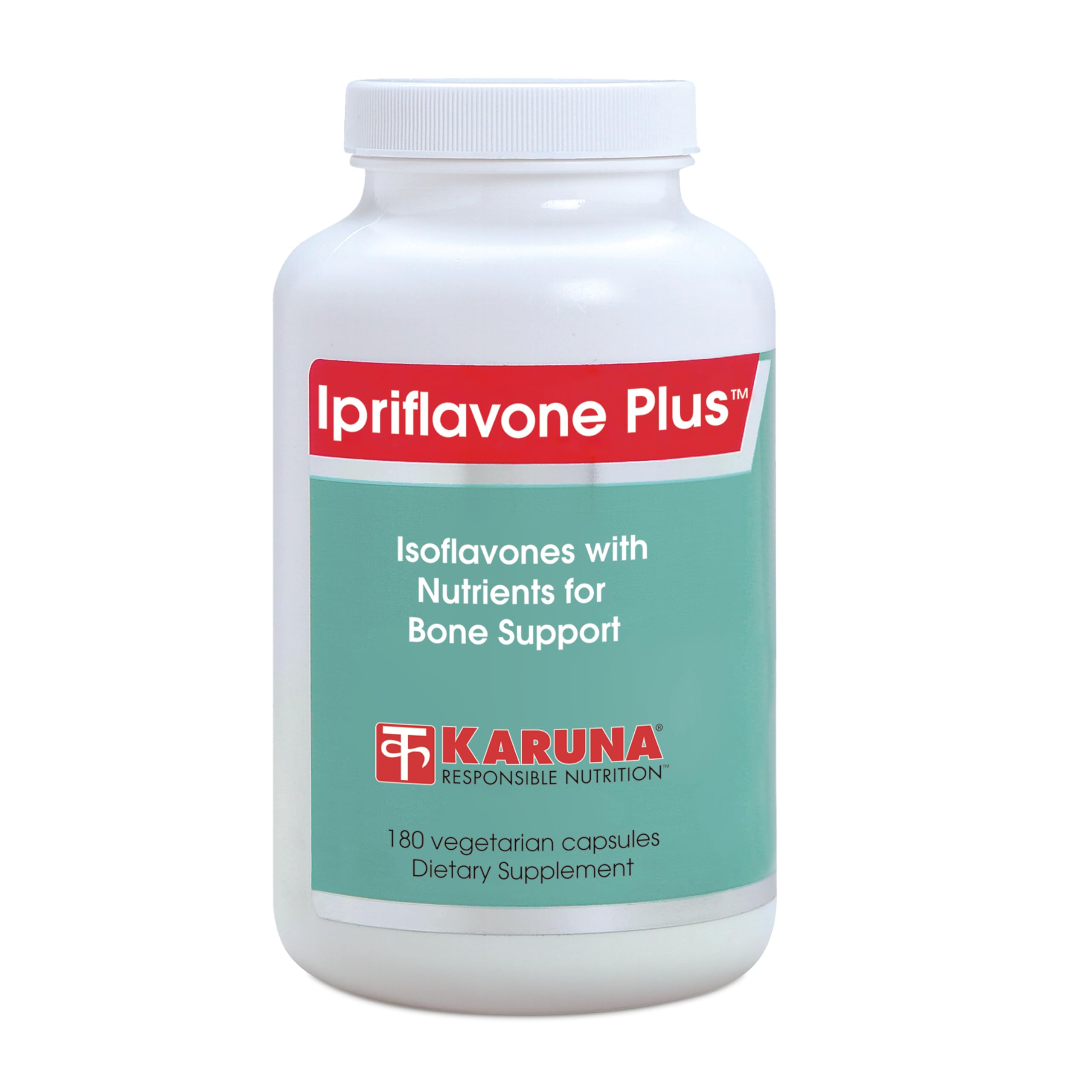 Karuna Ipriflavone Plus 600mg bottle label highlighting bone health support.