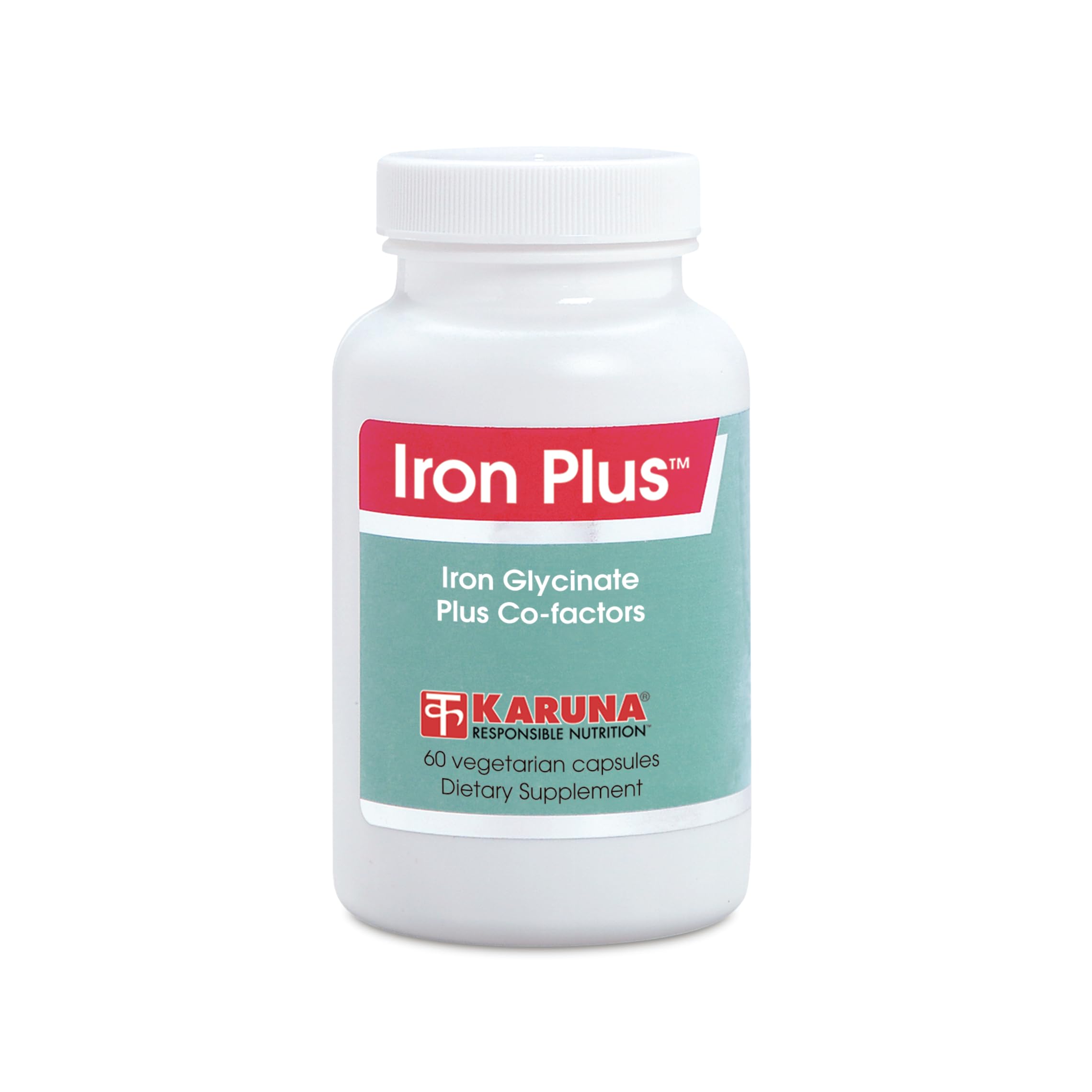 Karuna Iron Plus bottle close-up showing gentle iron glycinate for easy absorption.