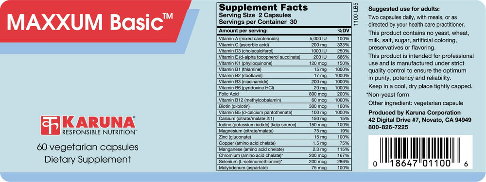 Karuna MAXXUM Basic bottle label close-up shows essential minerals for bone health