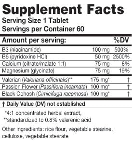 Karuna MyoCalm ingredients label showing valerian and passion flower components