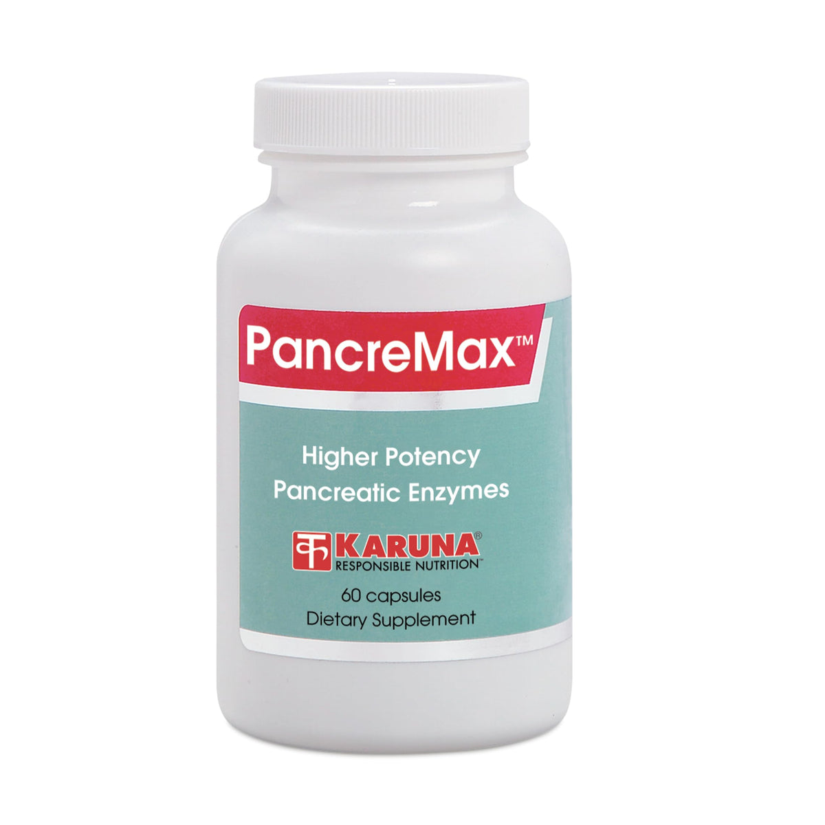 Karuna PancreMax 60 capsules bottle showing high-potency digestive enzymes for improved digestion.