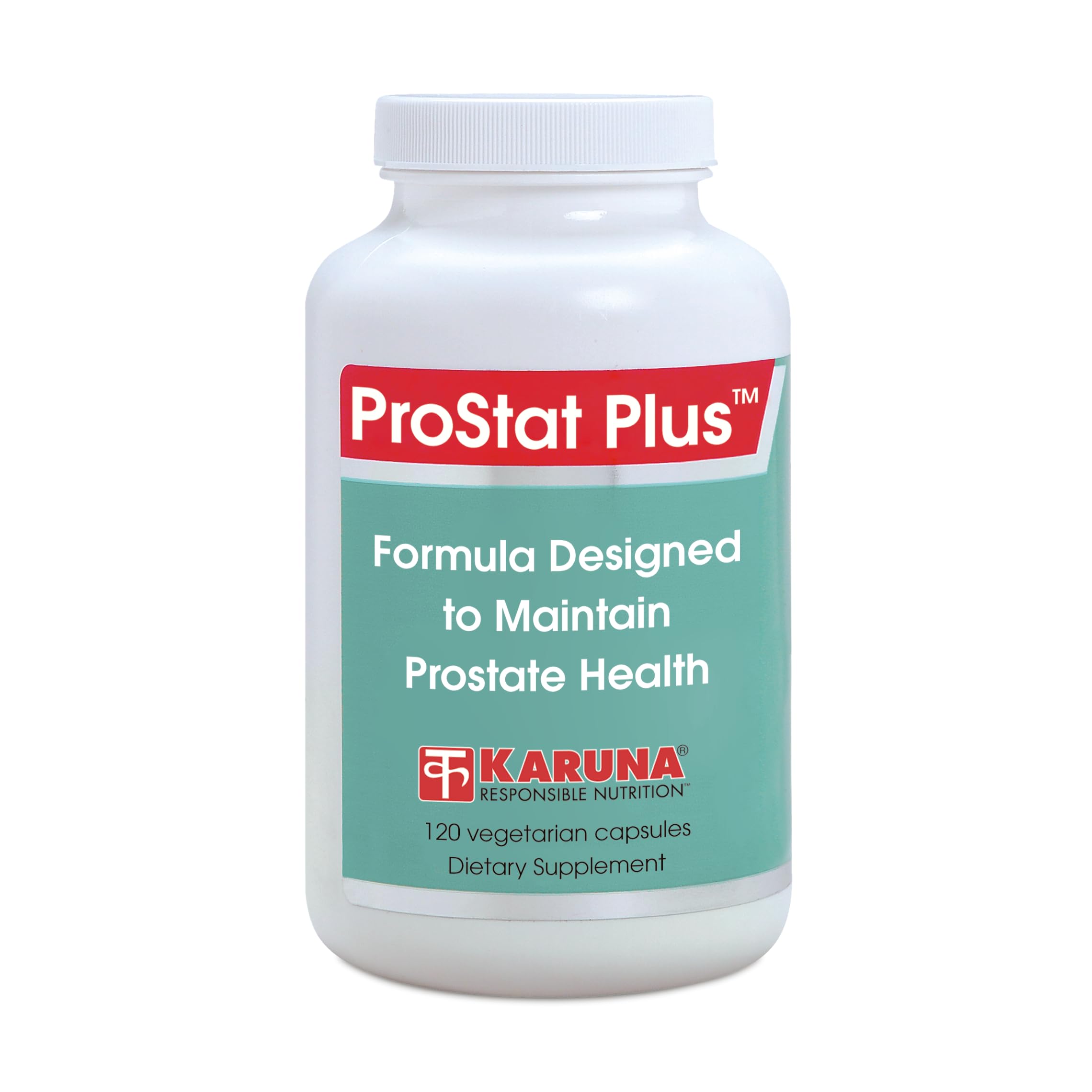 Karuna Prostate Plus bottle with capsules highlighting saw palmetto and pygeum ingredients for daily use