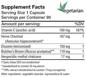 Karuna Venous Support capsules highlight horse chestnut and butcher's broom for vascular care.
