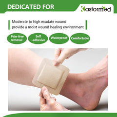 The Kastormed silicone foam dressing 4x4 in-pack display emphasizes latex-free packaging.